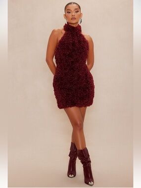 Fur Halter Mini Dress in Burgundy